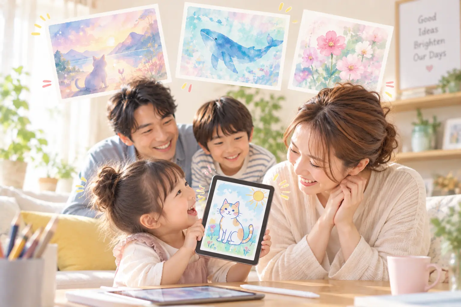 家族でタブレットのお絵描きを楽しむ様子