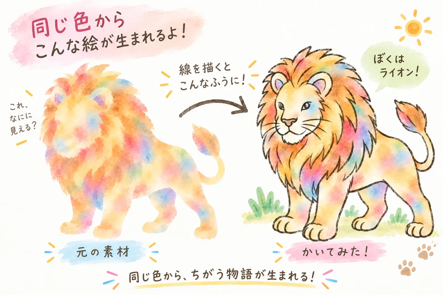 ライオンの色素材と線を描き足した完成作品の比較