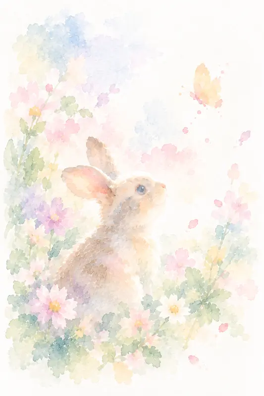 花畑のうさぎの水彩素材